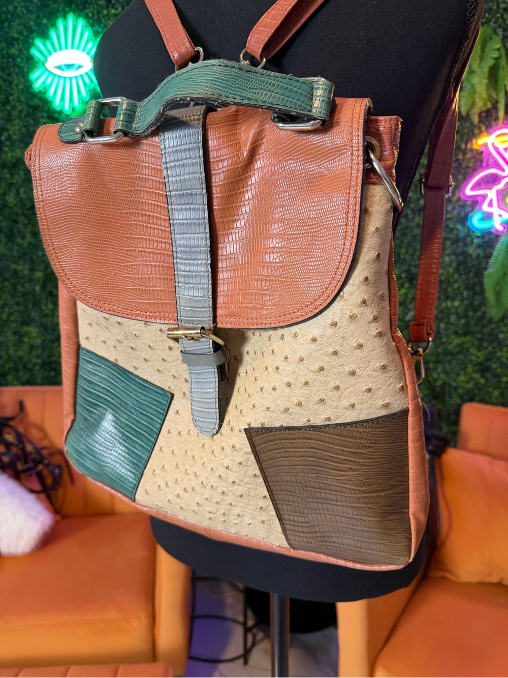 Multi-Color Textured Leather Backpack - Tan, Cream & Green - Picture 4 of 7